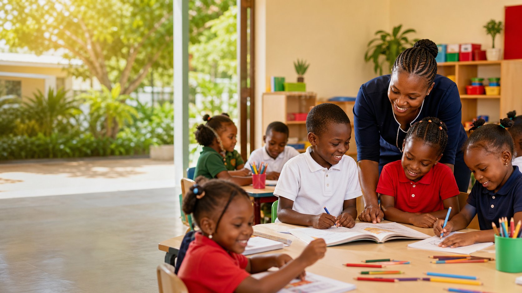Enfants apprenant avec leur enseignante dans une classe lumineuse