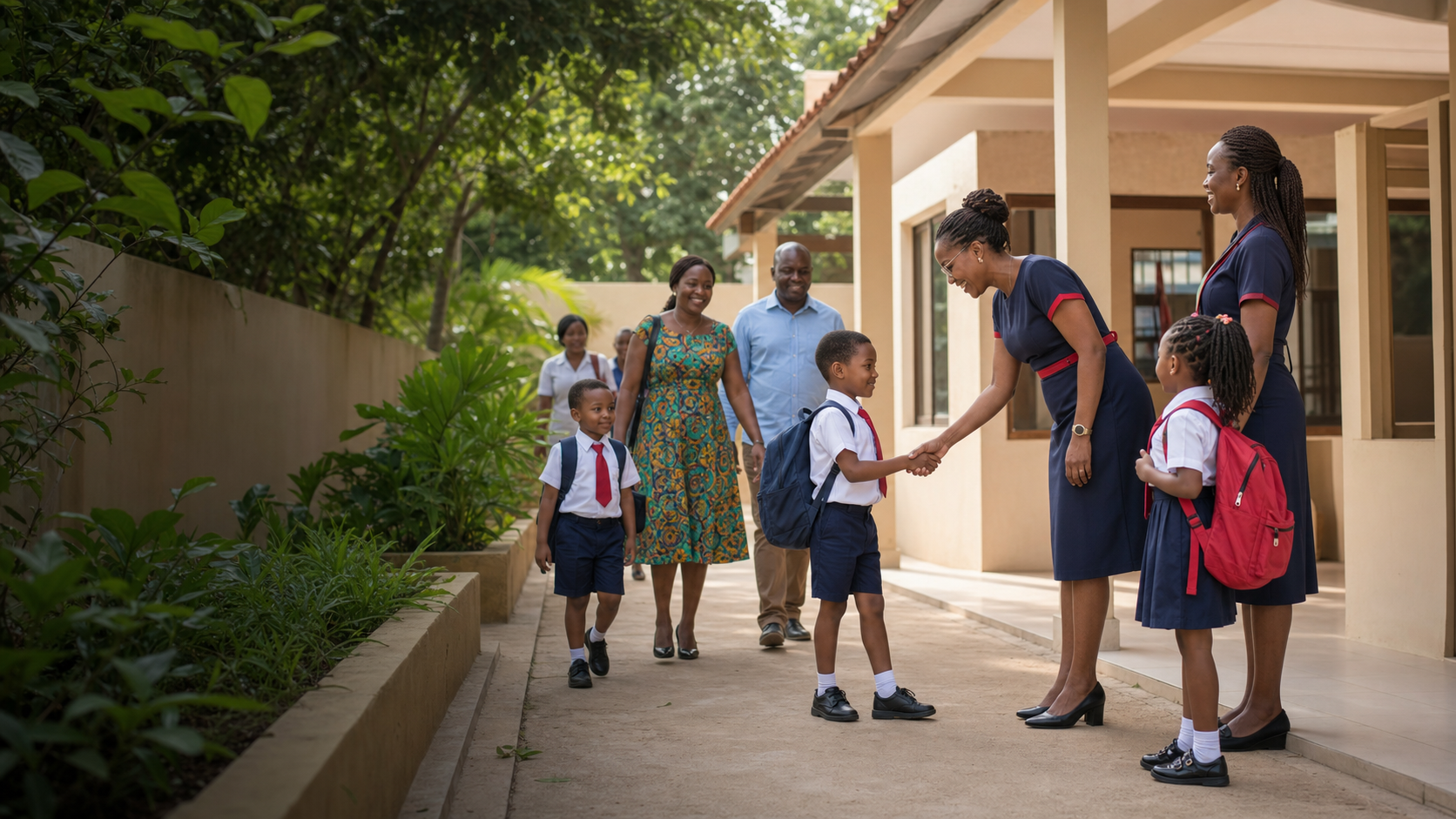 Familles accueillies par les enseignantes lors de la rentrée scolaire